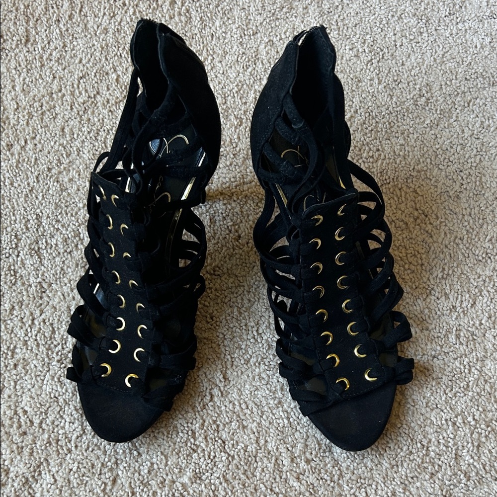 Jessica Simpson Black and Gold Strappy Heels